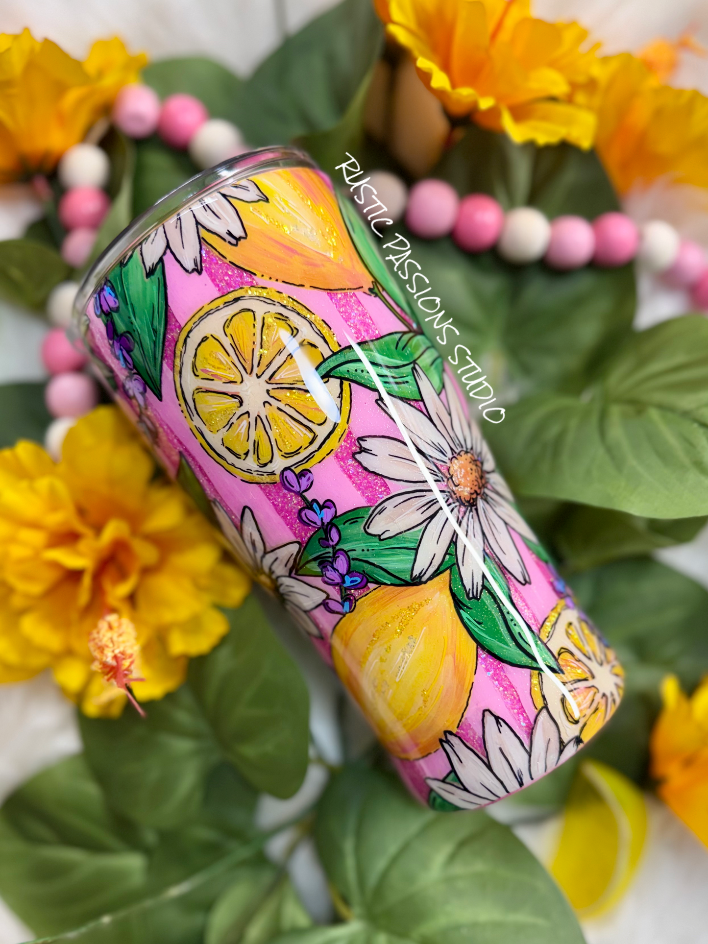 20 oz curve Lemon Daisy Hand Painted Tumbler #1