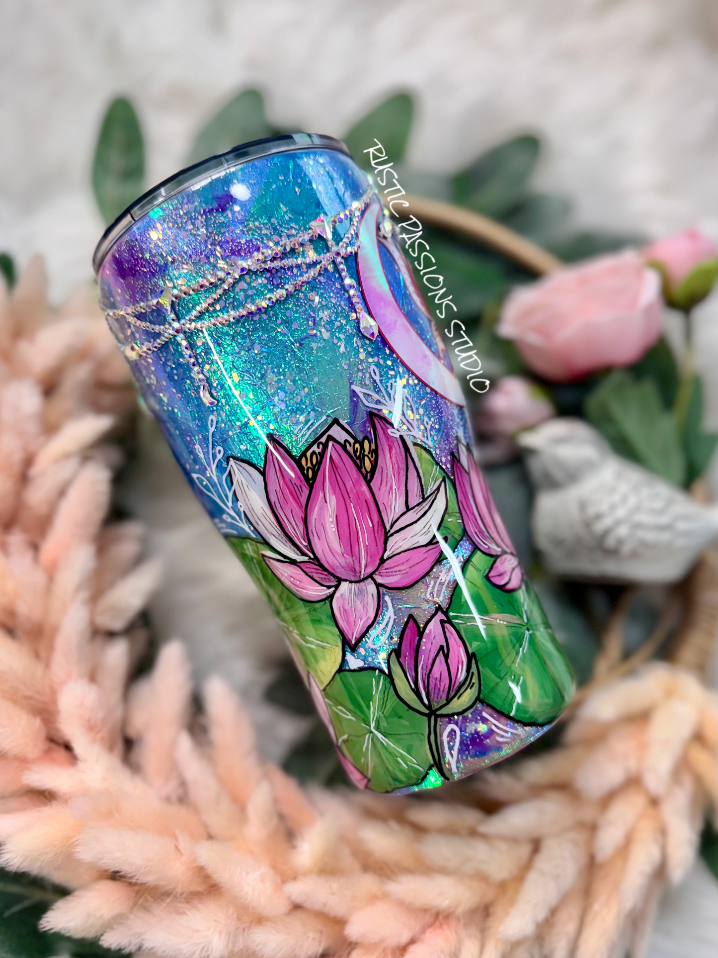 Hand Painted 20 oz curve Fairy, Lotus Celestial Tumbler with Rhinestones