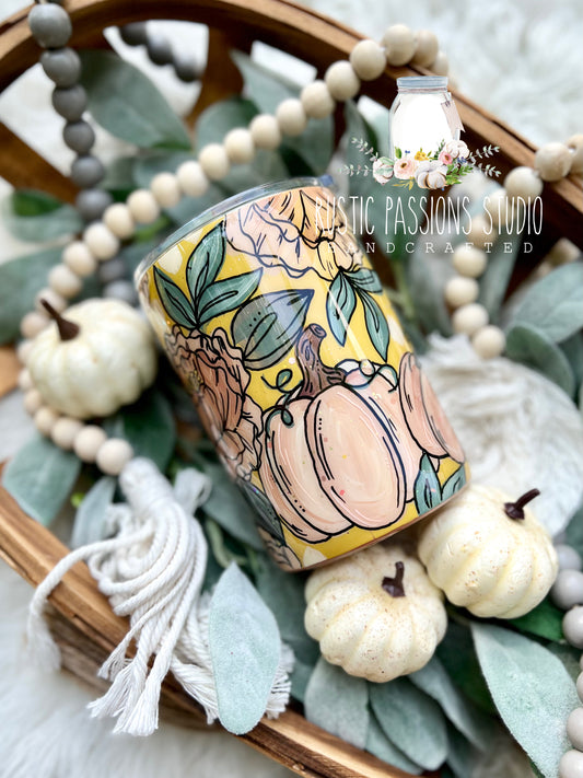 Fall hand painted floral pumpkin 12 oz lowball tumbler