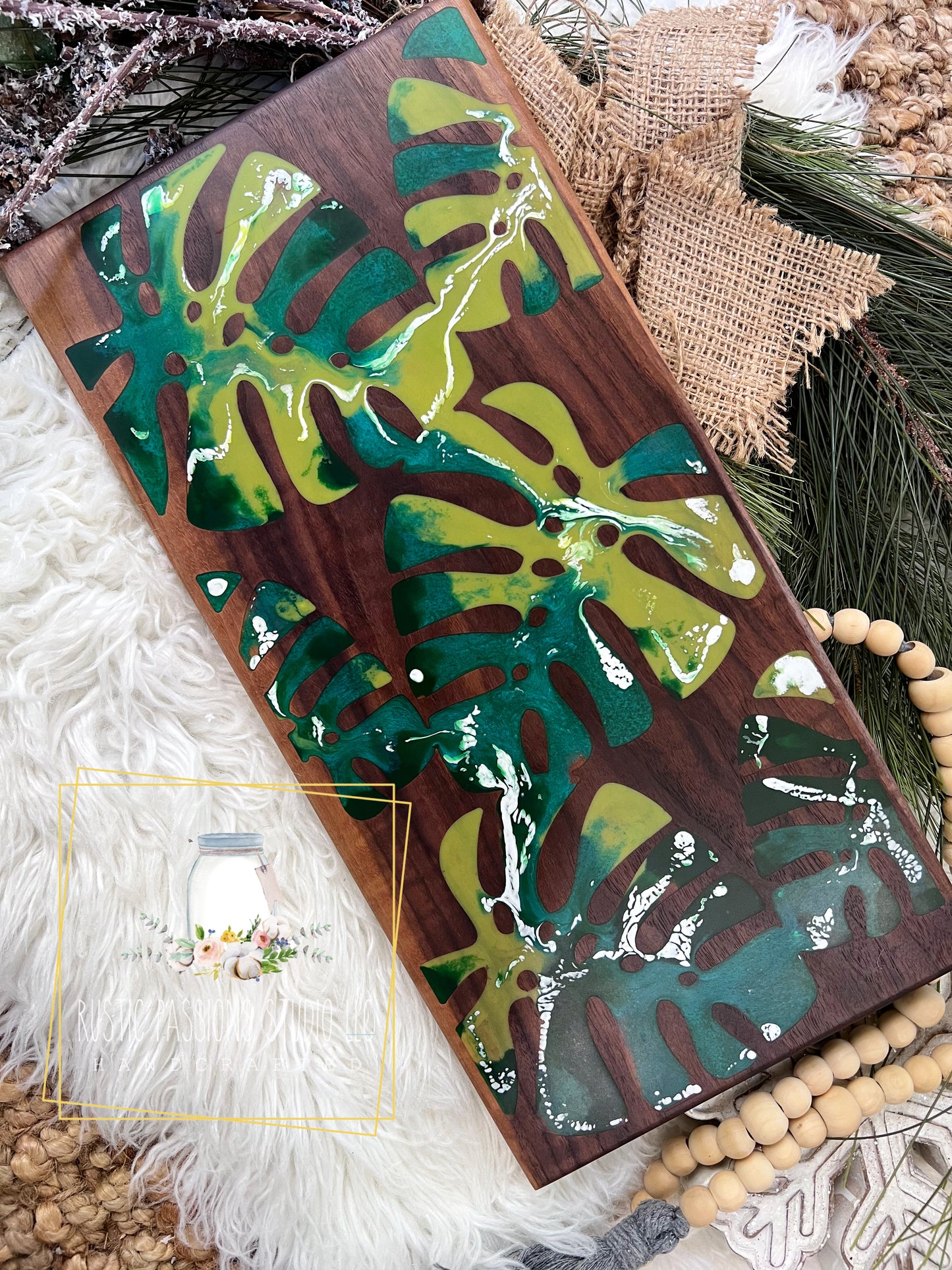 Abstract green monstera leaf resin and hardwood walnut charcuterie board