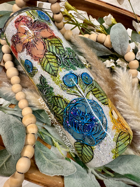 20 oz hand painted, alcohol ink, floral tumbler