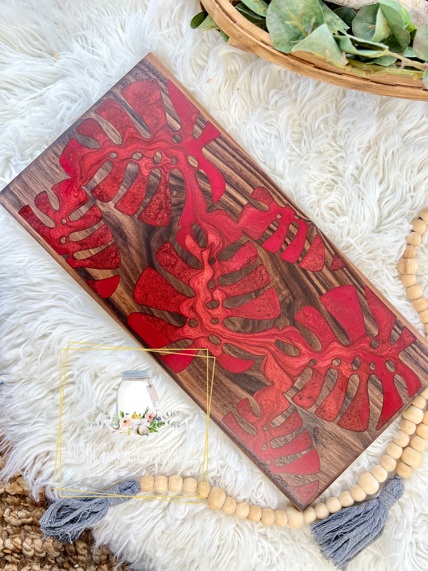 Red Monstera leaf resin and hardwood walnut charcuterie board