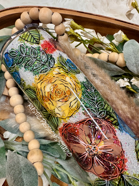 20 oz hand painted, alcohol ink, floral tumbler