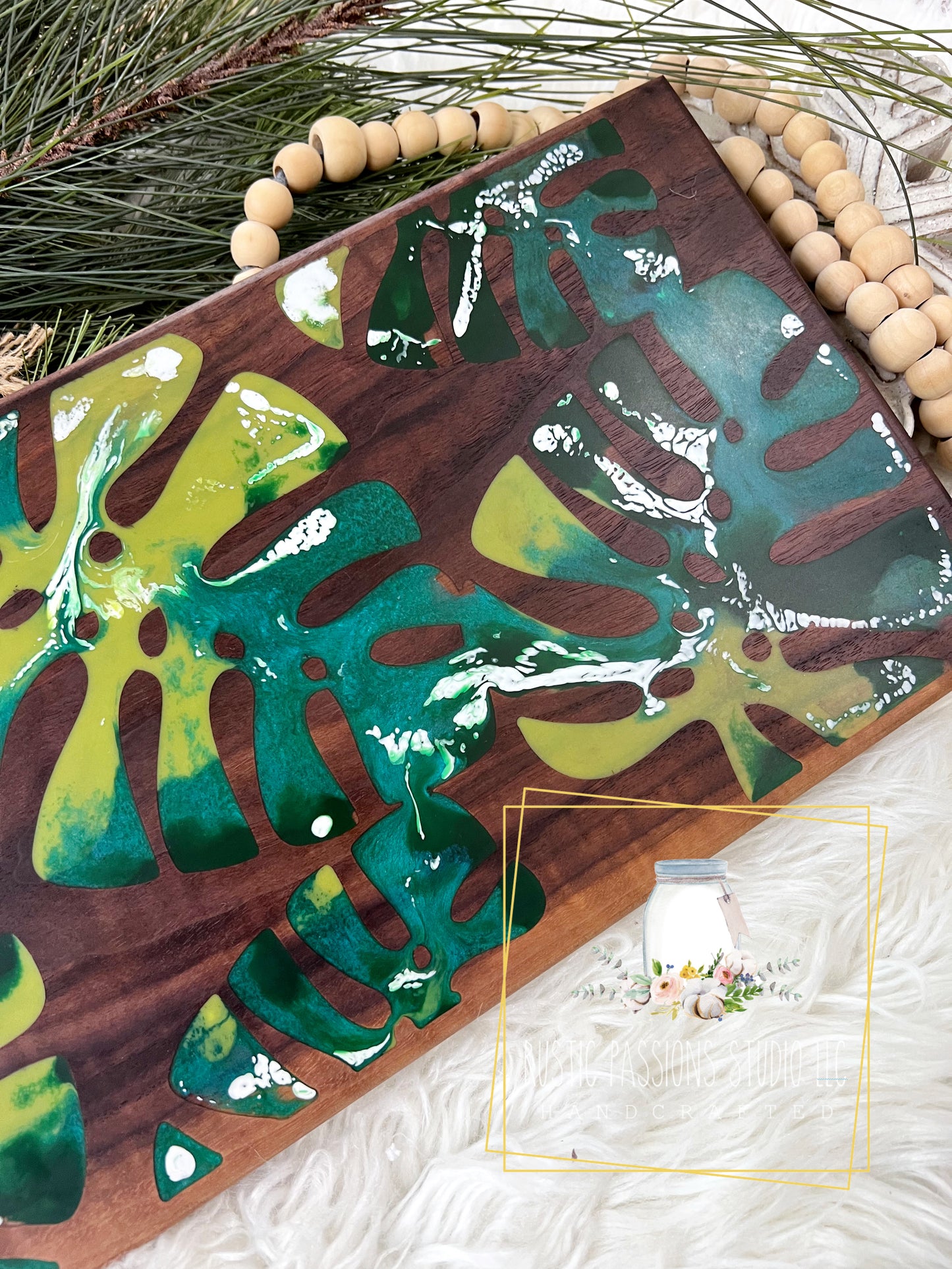 Abstract green monstera leaf resin and hardwood walnut charcuterie board