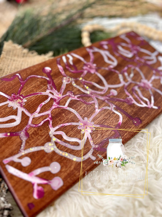 Abstract floral resin and mahogany charcuterie board